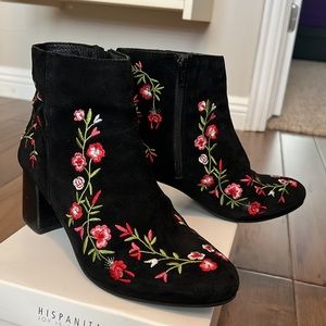 Callisto Black Suede With Floral Embroidery Ankle Boots